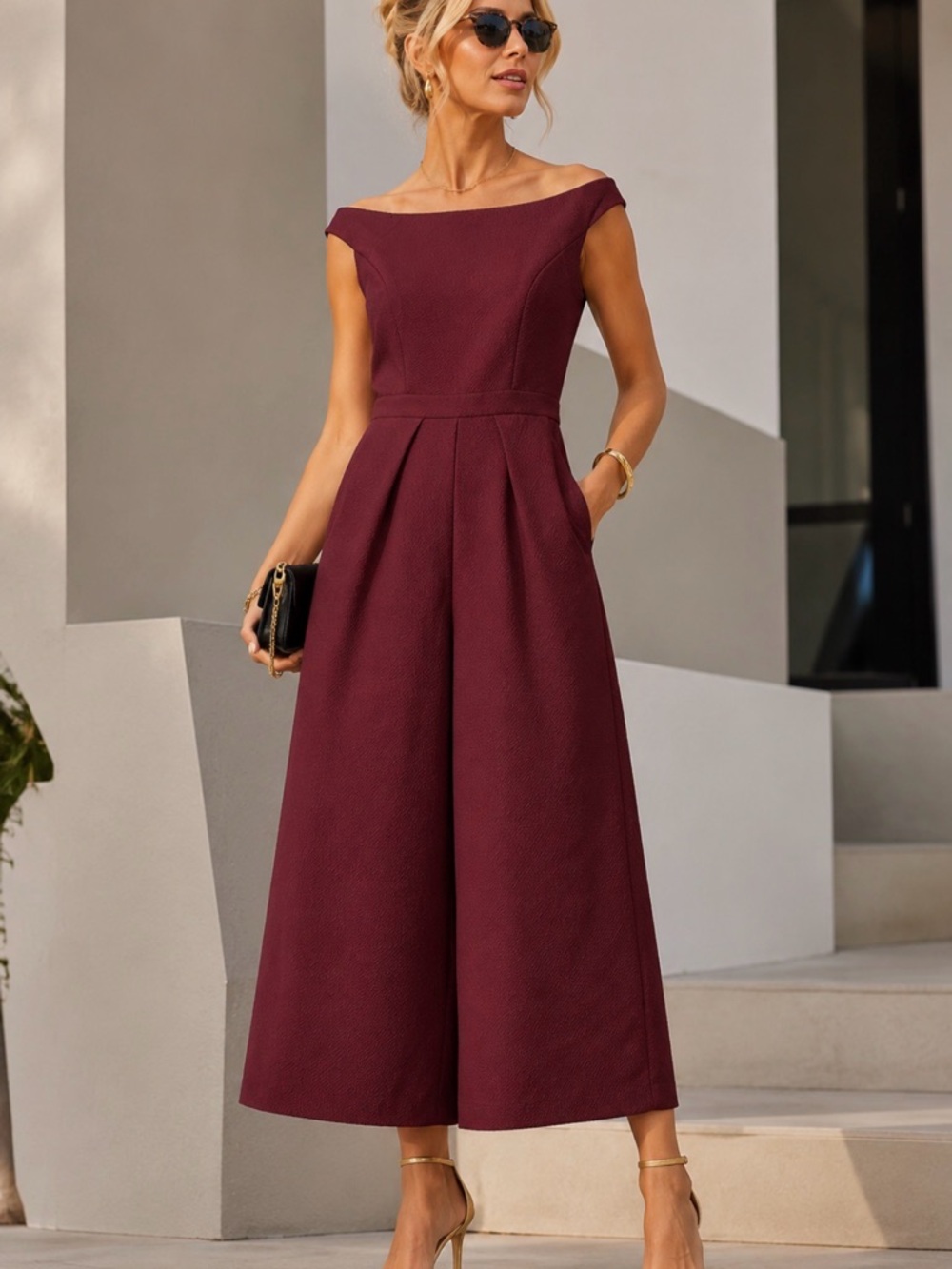 Tibi Textured Off-the-Shoulder Wide-Leg Jumpsuit – Burgundy | Size 6 |